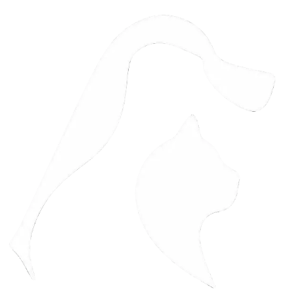 A minimalist white vector logo depicting the silhouette of a dog and a cat in profile facing each other, centered on a solid black background.