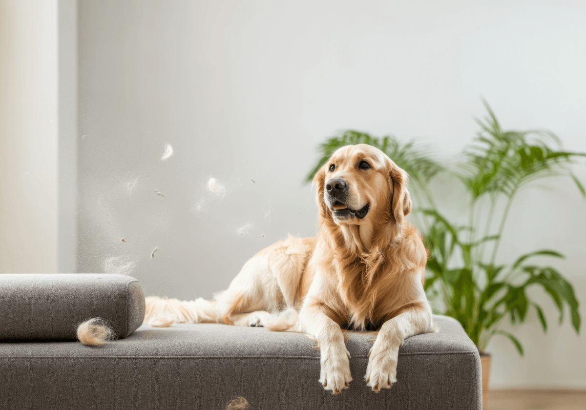 Golden Retriever lying on a grey sofa with loose pet hair floating in the air.