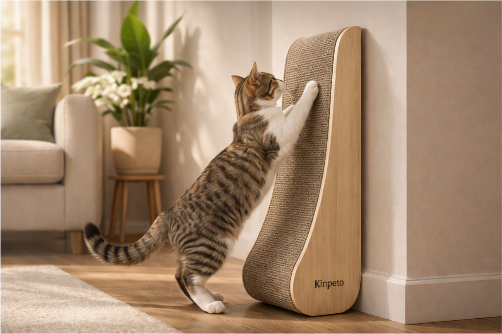 Tabby cat scratching a wooden curved cat scratcher in a bright living room.