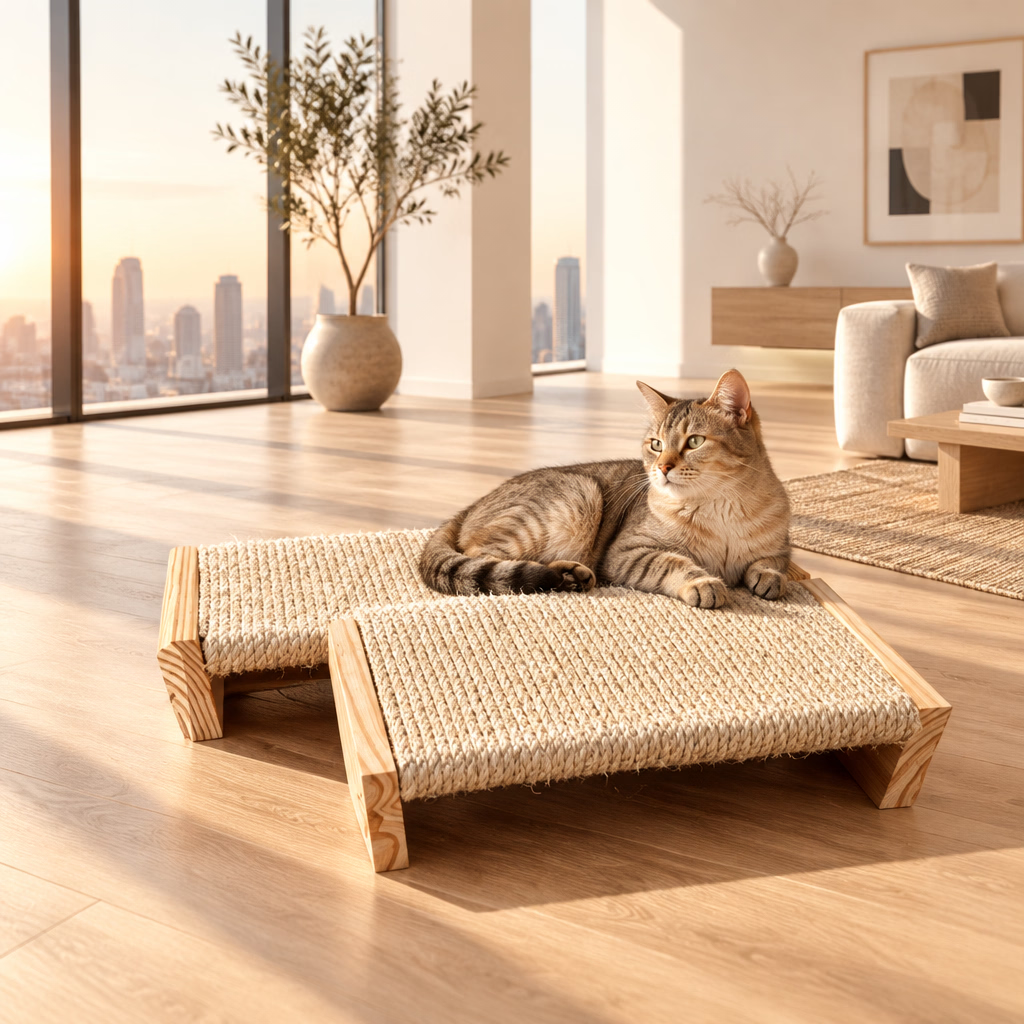 Elevated Solid Wood Cat Scratcher Bed & Sisal Lounge Pad